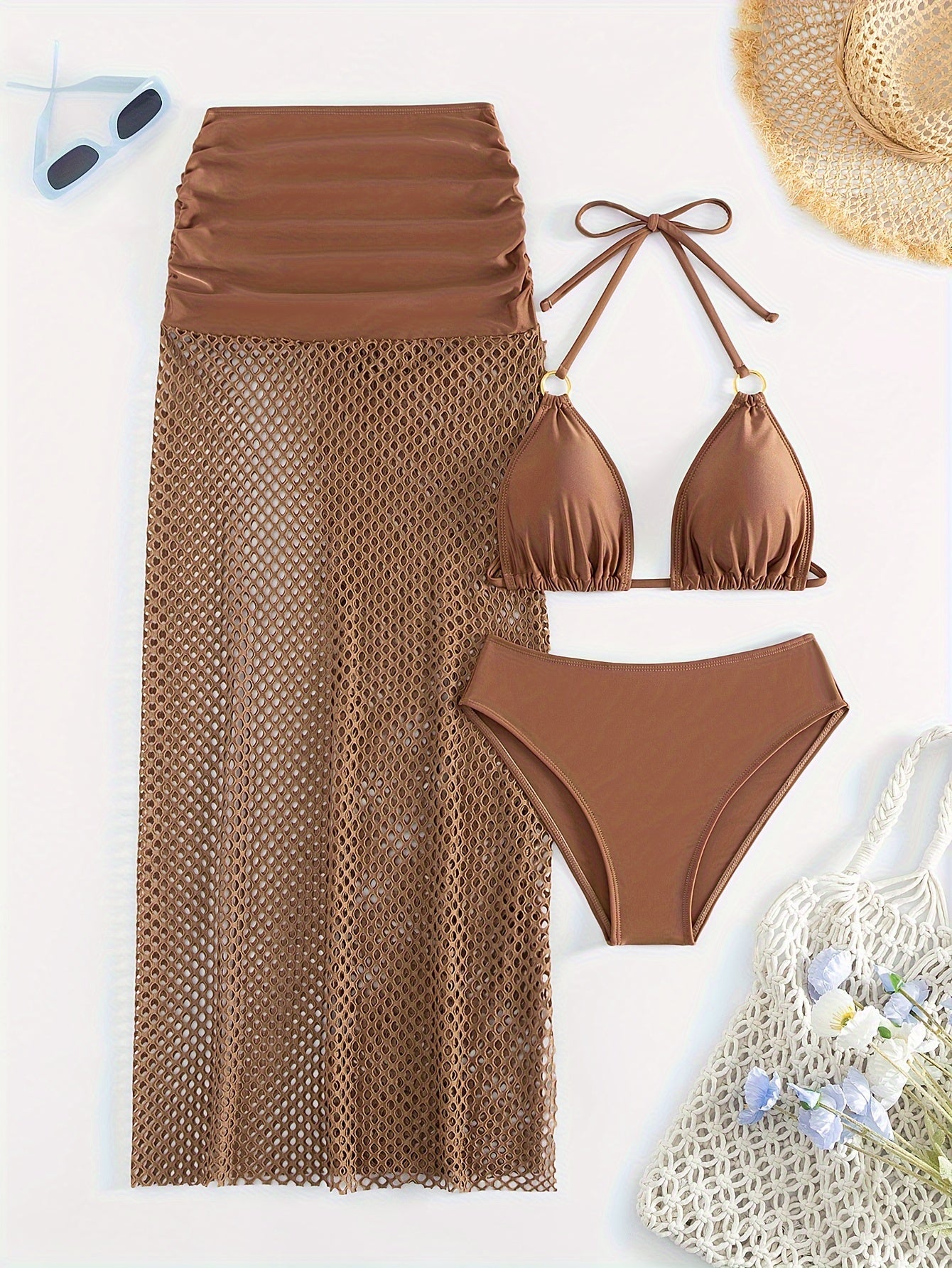 Chic Women's 3pcs Summer Beach Set: Sexy Halter Neck Bikini with High-Waisted Bottoms & Sheer Mesh Cover-Up Skirt - Stretchy Polyester/Spandex Blend, Machine Washable